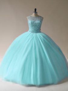 Decent Aqua Blue Tulle Lace Up Scoop Sleeveless Floor Length Sweet 16 Dresses Beading