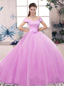 Lilac Off The Shoulder Neckline Lace and Hand Made Flower Sweet 16 Quinceanera Dress Short Sleeves Lace Up