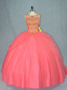 Affordable Scoop Sleeveless Brush Train Lace Up Quinceanera Dresses Watermelon Red Tulle