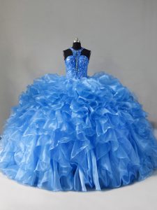 Ball Gowns Sleeveless Blue Sweet 16 Dress Brush Train Zipper