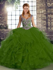 Unique Olive Green Sleeveless Floor Length Beading and Ruffles Lace Up Sweet 16 Dresses