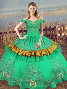 Discount Green Ball Gowns Satin Off The Shoulder Sleeveless Embroidery Floor Length Lace Up Sweet 16 Dress