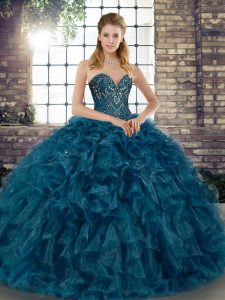 Teal Lace Up Party Dress for Girls Beading and Ruffles Sleeveless Floor Length