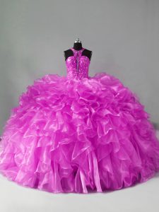 Sleeveless Beading and Ruffles Zipper Quinceanera Dresses with Lilac Brush Train