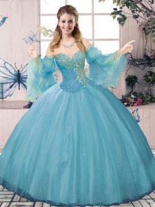 Blue Long Sleeves Tulle Lace Up Quinceanera Dress for Sweet 16 and Quinceanera