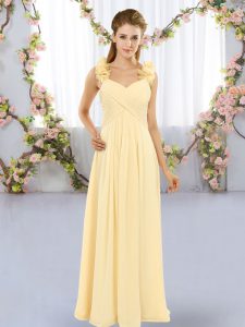 Modest Straps Sleeveless Court Dresses for Sweet 16 Floor Length Hand Made Flower Yellow Chiffon