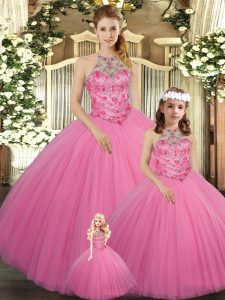 New Style Sleeveless Tulle Floor Length Lace Up Sweet 16 Dresses in Rose Pink with Beading