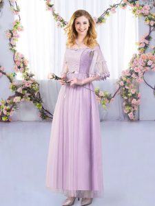 Lavender Tulle Side Zipper Dama Dress for Quinceanera Half Sleeves Floor Length Lace and Belt