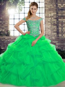 Trendy Green Ball Gown Prom Dress Off The Shoulder Sleeveless Brush Train Lace Up