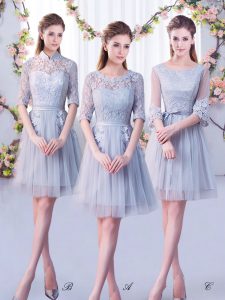Grey Scoop Lace Up Lace Court Dresses for Sweet 16 Half Sleeves