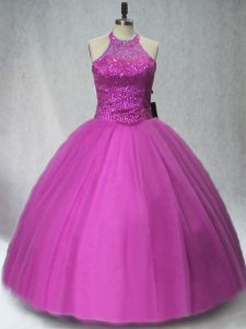 Great Ball Gowns Sweet 16 Quinceanera Dress Purple Halter Top Tulle Sleeveless Floor Length Lace Up