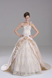 Lovely Champagne 15 Quinceanera Dress For with Embroidery and Hand Made Flower One Shoulder Sleeveless Brush Train Lace Up