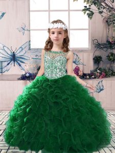 Wonderful Dark Green Sleeveless Beading and Ruffles Floor Length Little Girls Pageant Dress