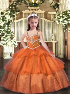 Orange Organza Lace Up Straps Sleeveless Floor Length Little Girls Pageant Gowns Ruffled Layers