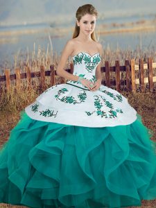 Eye-catching Sweetheart Sleeveless Tulle Quinceanera Dress Embroidery and Ruffles and Bowknot Lace Up
