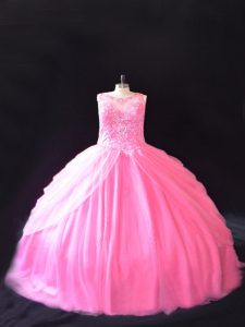 Superior Rose Pink Ball Gowns Beading Ball Gown Prom Dress Lace Up Tulle Sleeveless