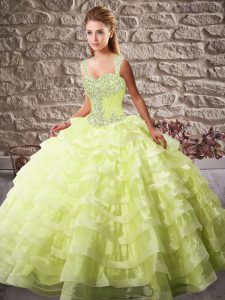 Excellent Sleeveless Beading and Ruffled Layers Lace Up 15 Quinceanera Dress with Yellow Green Court Train