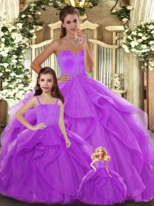 Luxurious Beading and Ruffles Quinceanera Gowns Lilac Lace Up Sleeveless Floor Length