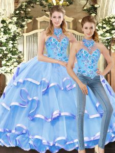 Luxury Blue Two Pieces Organza Halter Top Sleeveless Embroidery and Ruffled Layers Floor Length Lace Up Sweet 16 Dresses