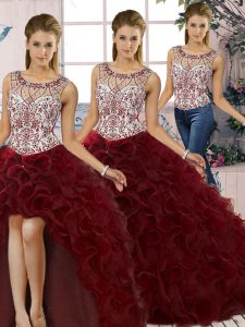 Sophisticated Three Pieces 15 Quinceanera Dress Burgundy Scoop Organza Sleeveless Floor Length Lace Up