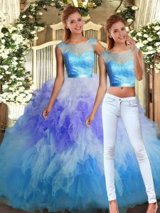 Custom Designed Sleeveless Floor Length Lace and Ruffles Backless Sweet 16 Dresses with Multi-color