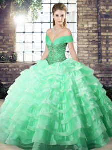 Organza Off The Shoulder Sleeveless Brush Train Lace Up Beading and Ruffled Layers Ball Gown Prom Dress in Apple Green