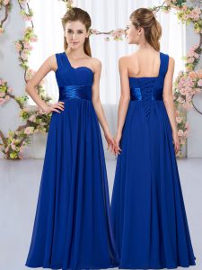 Smart Floor Length Royal Blue Quinceanera Court Dresses One Shoulder Sleeveless Lace Up
