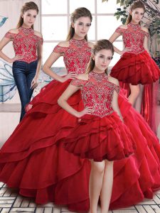 Perfect Red Sleeveless Floor Length Beading and Ruffles Lace Up Sweet 16 Quinceanera Dress