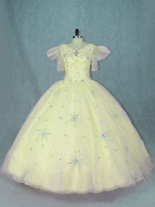 Affordable Organza V-neck Short Sleeves Zipper Beading 15 Quinceanera Dress in Yellow