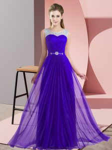 Purple Chiffon Lace Up Dama Dress for Quinceanera Sleeveless Floor Length Beading