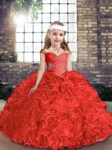 Red Sleeveless Floor Length Beading Lace Up Child Pageant Dress