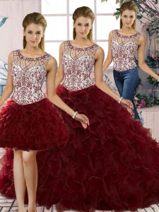 High Class Burgundy Ball Gown Prom Dress Military Ball and Sweet 16 and Quinceanera with Beading and Ruffles Scoop Sleeveless Lace Up