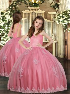 Super Watermelon Red Sleeveless Tulle Lace Up Girls Pageant Dresses for Party and Sweet 16 and Wedding Party