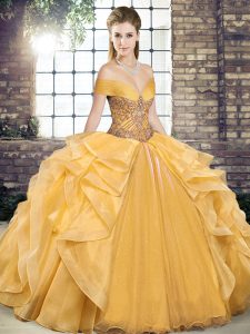 On Sale Off The Shoulder Sleeveless Quinceanera Gown Floor Length Beading and Ruffles Gold Organza