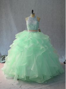 Apple Green Organza Backless 15th Birthday Dress Sleeveless Floor Length Beading and Ruffles