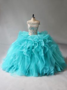 Beauteous Lace Up Quince Ball Gowns Aqua Blue for Sweet 16 and Quinceanera with Beading and Ruffles Brush Train