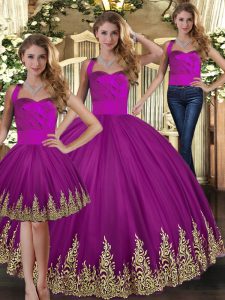 Custom Designed Sleeveless Floor Length Embroidery Lace Up Sweet 16 Dress with Fuchsia