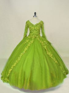 New Style Olive Green Tulle Side Zipper V-neck Long Sleeves Sweet 16 Quinceanera Dress Lace and Appliques