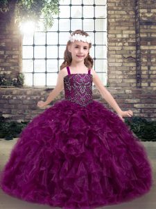 Fashionable Floor Length Fuchsia Pageant Gowns For Girls Straps Sleeveless Lace Up