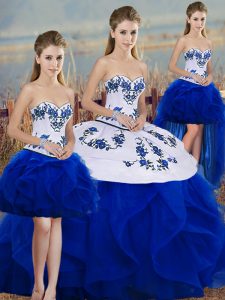 Colorful Royal Blue Ball Gowns Tulle Sweetheart Sleeveless Embroidery and Ruffles and Bowknot Floor Length Lace Up Quinceanera Gowns