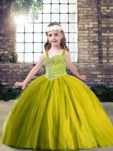 Straps Sleeveless Kids Formal Wear Floor Length Beading Olive Green Tulle