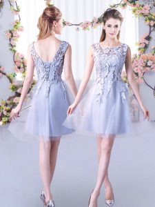 Inexpensive Grey A-line Lace Quinceanera Court Dresses Lace Up Tulle Sleeveless Mini Length