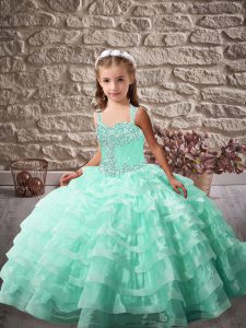 Lace Up Pageant Dresses Apple Green for Party and Sweet 16 and Wedding Party with Beading and Ruffled Layers Brush Train