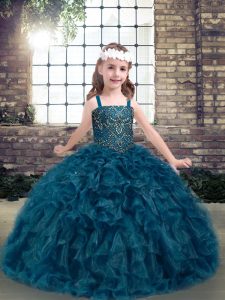 Teal Lace Up Little Girls Pageant Dress Wholesale Beading and Ruffles Sleeveless Floor Length
