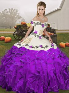 Most Popular White And Purple Off The Shoulder Lace Up Embroidery and Ruffles Sweet 16 Dresses Sleeveless