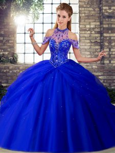Sexy Halter Top Sleeveless Tulle Quinceanera Gowns Beading and Pick Ups Brush Train Lace Up