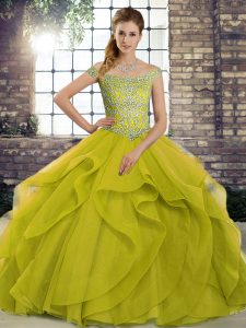 Off The Shoulder Sleeveless Brush Train Lace Up Quinceanera Dress Olive Green Tulle