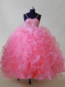 Spaghetti Straps Sleeveless Lace Up Kids Formal Wear Pink Tulle