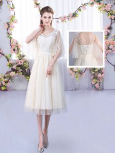 Champagne Tulle Lace Up Court Dresses for Sweet 16 Sleeveless Tea Length Lace