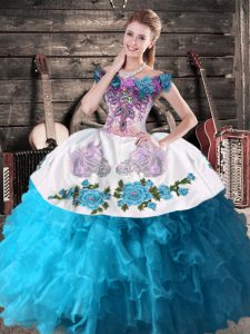 Teal Ball Gowns Embroidery and Ruffles Quinceanera Dresses Lace Up Organza Sleeveless Floor Length